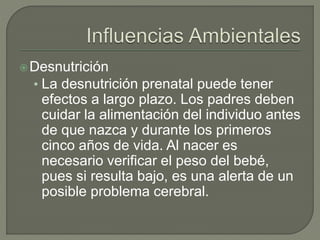 Desnutrición
• La desnutrición prenatal puede tener
efectos a largo plazo. Los padres deben
cuidar la alimentación del individuo antes
de que nazca y durante los primeros
cinco años de vida. Al nacer es
necesario verificar el peso del bebé,
pues si resulta bajo, es una alerta de un
posible problema cerebral.
 