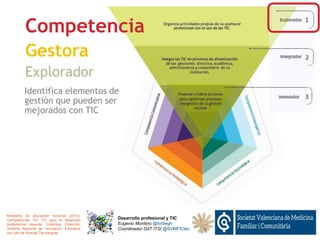 Competencia
Gestora
Explorador
Desarrollo profesional y TIC
Eugenio Montero @torbegn
Coordinador GdT ITSI @SVMFICtec
Ministerio de educación nacional (2013).
Competencias TIC TIC para el desarrollo
professional docente. Colombia: Colección
Sistema Nacional de Innovación Educativa
con uso de Nuevas Tecnologías.
Identifica elementos de
gestión que pueden ser
mejorados con TIC
 