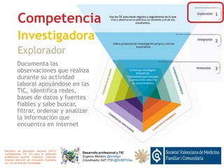 Competencia
Investigadora
Explorador
Desarrollo profesional y TIC
Eugenio Montero @torbegn
Coordinador GdT ITSI @SVMFICtec
Ministerio de educación nacional (2013).
Competencias TIC TIC para el desarrollo
professional docente. Colombia: Colección
Sistema Nacional de Innovación Educativa
con uso de Nuevas Tecnologías.
Documenta las
observaciones que realiza
durante su actividad
laboral apoyándose en las
TIC, identifica redes,
bases de datos y fuentes
fiables y sabe buscar,
filtrar, ordenar y analizar
la información que
encuentra en internet
 