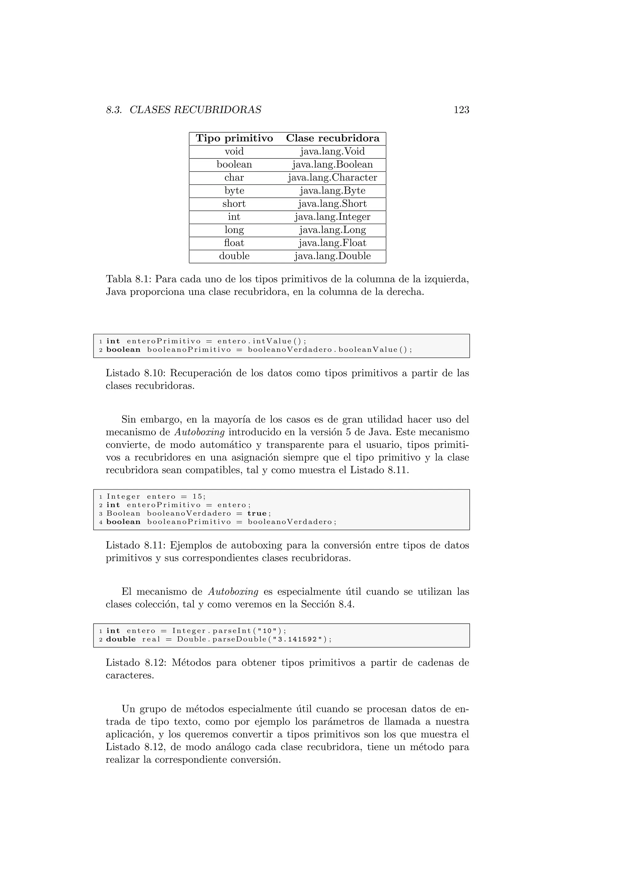 nicion 
boolean 1 true o false 
char 16 Caracter Unicode 
byte 8 Entero en complemento a dos con signo 
short 16 Entero en complemento a dos con signo 
int 32 Entero en complemento a dos con signo 
long 64 Entero en complemento a dos con signo 

oat 32 Real en punto 
otante segun la norma IEEE 754 
double 64 Real en punto 
otante segun la norma IEEE 754 
Tabla 2.1: Tipos de datos primitivos en Java y sus tama~nos en memoria. 
incapaz de distinguirlos y devuelve un error que indica que estamos intentando 
de 