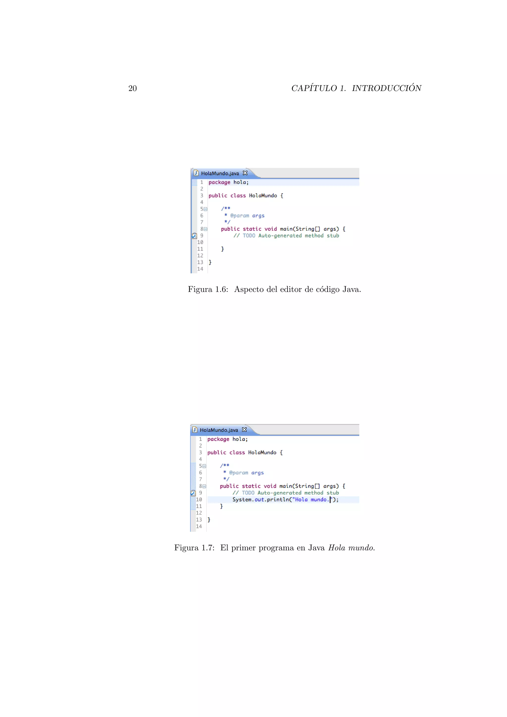 20 CAPÍTULO 1. INTRODUCCIÓN
Figura 1.6: Aspecto del editor de código Java.
Figura 1.7: El primer programa en Java Hola mundo.
 