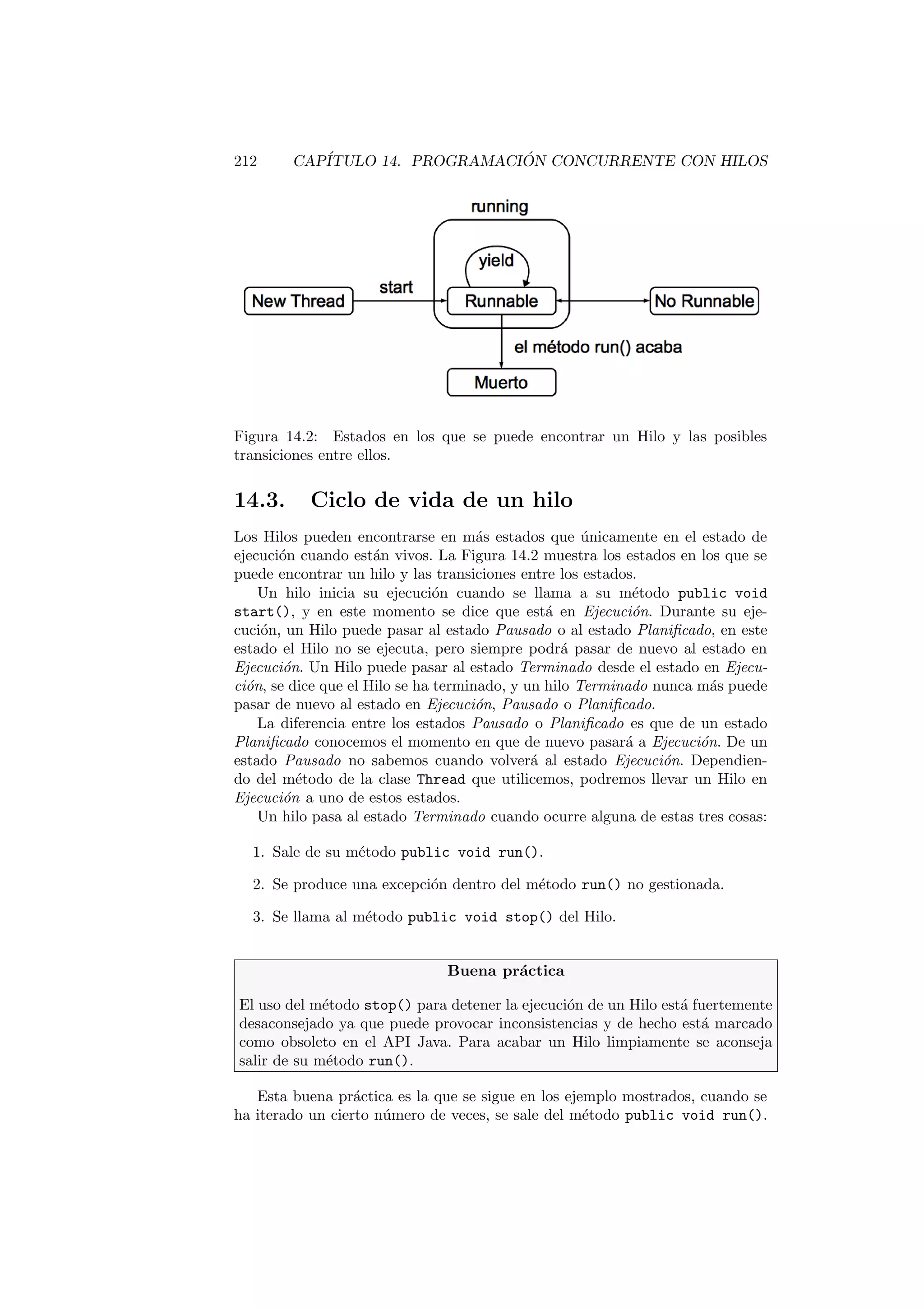 212 CAPÍTULO 14. PROGRAMACIÓN CONCURRENTE CON HILOS
Figura 14.2: Estados en los que se puede encontrar un Hilo y las posibles
transiciones entre ellos.
14.3. Ciclo de vida de un hilo
Los Hilos pueden encontrarse en más estados que únicamente en el estado de
ejecución cuando están vivos. La Figura 14.2 muestra los estados en los que se
puede encontrar un hilo y las transiciones entre los estados.
Un hilo inicia su ejecución cuando se llama a su método public void
start(), y en este momento se dice que está en Ejecución. Durante su eje-
cución, un Hilo puede pasar al estado Pausado o al estado Planificado, en este
estado el Hilo no se ejecuta, pero siempre podrá pasar de nuevo al estado en
Ejecución. Un Hilo puede pasar al estado Terminado desde el estado en Ejecu-
ción, se dice que el Hilo se ha terminado, y un hilo Terminado nunca más puede
pasar de nuevo al estado en Ejecución, Pausado o Planificado.
La diferencia entre los estados Pausado o Planificado es que de un estado
Planificado conocemos el momento en que de nuevo pasará a Ejecución. De un
estado Pausado no sabemos cuando volverá al estado Ejecución. Dependien-
do del método de la clase Thread que utilicemos, podremos llevar un Hilo en
Ejecución a uno de estos estados.
Un hilo pasa al estado Terminado cuando ocurre alguna de estas tres cosas:
1. Sale de su método public void run().
2. Se produce una excepción dentro del método run() no gestionada.
3. Se llama al método public void stop() del Hilo.
Buena práctica
El uso del método stop() para detener la ejecución de un Hilo está fuertemente
desaconsejado ya que puede provocar inconsistencias y de hecho está marcado
como obsoleto en el API Java. Para acabar un Hilo limpiamente se aconseja
salir de su método run().
Esta buena práctica es la que se sigue en los ejemplo mostrados, cuando se
ha iterado un cierto número de veces, se sale del método public void run().
 