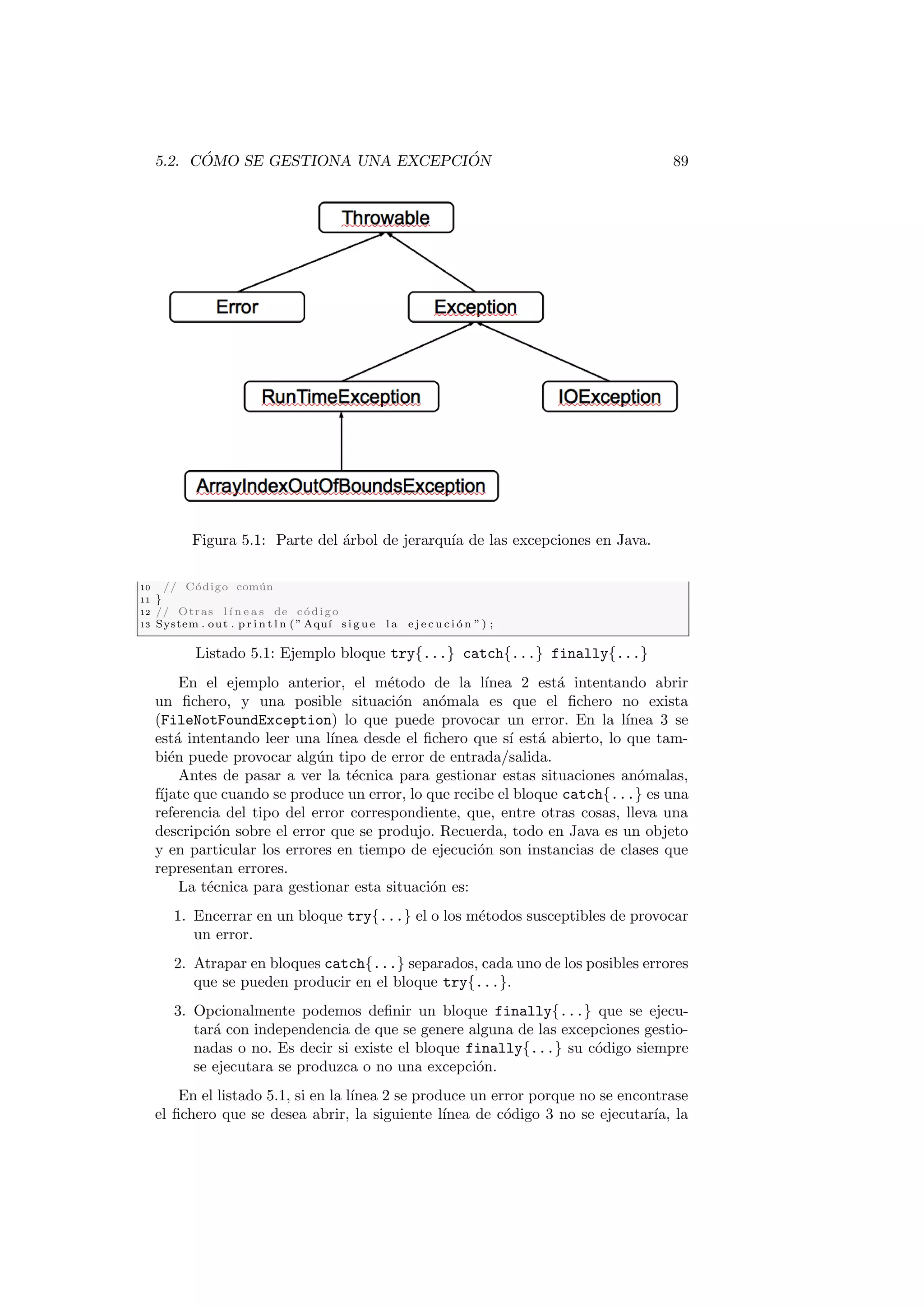 5.2. CÓMO SE GESTIONA UNA EXCEPCIÓN 89
Figura 5.1: Parte del árbol de jerarquı́a de las excepciones en Java.
10 // Código común
11 }
12 // Otras lı́ n e a s de código
13 System . out . p r i n t l n (” Aquı́ s i g u e l a e j e c u c i ó n ”) ;
Listado 5.1: Ejemplo bloque try{...} catch{...} finally{...}
En el ejemplo anterior, el método de la lı́nea 2 está intentando abrir
un fichero, y una posible situación anómala es que el fichero no exista
(FileNotFoundException) lo que puede provocar un error. En la lı́nea 3 se
está intentando leer una lı́nea desde el fichero que sı́ está abierto, lo que tam-
bién puede provocar algún tipo de error de entrada/salida.
Antes de pasar a ver la técnica para gestionar estas situaciones anómalas,
fı́jate que cuando se produce un error, lo que recibe el bloque catch{...} es una
referencia del tipo del error correspondiente, que, entre otras cosas, lleva una
descripción sobre el error que se produjo. Recuerda, todo en Java es un objeto
y en particular los errores en tiempo de ejecución son instancias de clases que
representan errores.
La técnica para gestionar esta situación es:
1. Encerrar en un bloque try{...} el o los métodos susceptibles de provocar
un error.
2. Atrapar en bloques catch{...} separados, cada uno de los posibles errores
que se pueden producir en el bloque try{...}.
3. Opcionalmente podemos definir un bloque finally{...} que se ejecu-
tará con independencia de que se genere alguna de las excepciones gestio-
nadas o no. Es decir si existe el bloque finally{...} su código siempre
se ejecutara se produzca o no una excepción.
En el listado 5.1, si en la lı́nea 2 se produce un error porque no se encontrase
el fichero que se desea abrir, la siguiente lı́nea de código 3 no se ejecutarı́a, la
 