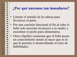 ¿Por qué nacemos tan inmaduros?
• Limitar el tamaño de la cabeza para
favorecer el parto.
• Por una cuestión funcional al fin al cabo el
bebé solo necesita reconocer a su madre y
encontrar el pecho para alimentarse.
• Otros (Spelke) sostienen que el bebé posee
un conocimiento innato al nacer que es lo
que le permite ir desarrollando el resto de
habilidades.
 