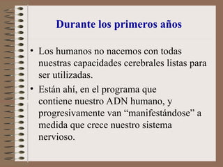 Durante los primeros años
• Los humanos no nacemos con todas
nuestras capacidades cerebrales listas para
ser utilizadas.
• Están ahí, en el programa que
contiene nuestro ADN humano, y
progresivamente van “manifestándose” a
medida que crece nuestro sistema
nervioso.
 
