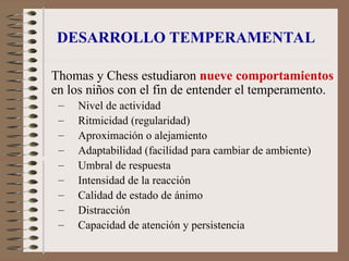 DESARROLLO TEMPERAMENTAL
Thomas y Chess estudiaron nueve comportamientos
en los niños con el fin de entender el temperamento.
– Nivel de actividad
– Ritmicidad (regularidad)
– Aproximación o alejamiento
– Adaptabilidad (facilidad para cambiar de ambiente)
– Umbral de respuesta
– Intensidad de la reacción
– Calidad de estado de ánimo
– Distracción
– Capacidad de atención y persistencia
 
