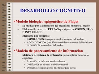 DESARROLLO COGNITIVO
• Modelo biológico epigenético de Piaget
– Se produce por la adaptación del organismo humano al medio.
– El desarrollo ocurre en ETAPAS que siguen un ORDEN, FIJO
E INVARIABLE.
– Mediante dos procesos:
• ASIMILACIÓN (incorporación de elementos del medio)
• ACOMODACIÓN (modificación de las estructuras del individuo
en función de los cambios del medio)
• Modelo de procesamiento de información
– Metáfora de sistema de ordenador para explicar desarrollo
cognitivo:
• Extracción de información de ambiente.
• Codificación en sistema simbólico mental.
• Decodificación para que se pueda usar para tareas.
 