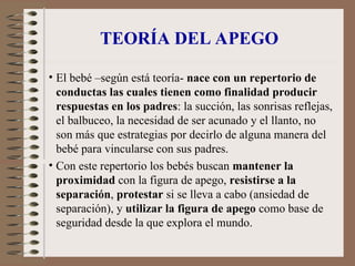 TEORÍA DEL APEGO
• El bebé –según está teoría- nace con un repertorio de
conductas las cuales tienen como finalidad producir
respuestas en los padres: la succión, las sonrisas reflejas,
el balbuceo, la necesidad de ser acunado y el llanto, no
son más que estrategias por decirlo de alguna manera del
bebé para vincularse con sus padres.
• Con este repertorio los bebés buscan mantener la
proximidad con la figura de apego, resistirse a la
separación, protestar si se lleva a cabo (ansiedad de
separación), y utilizar la figura de apego como base de
seguridad desde la que explora el mundo.
 