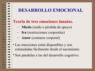 DESARROLLO EMOCIONAL
Teoría de tres emociones innatas.
– Miedo (ruido o pérdida de apoyo)
– Ira (restricciones corporales)
– Amor (contacto corporal)
• Las emociones están disponibles y son
estimuladas fácilmente desde el nacimiento.
• Son paralelas a las del desarrollo cognitivo.
 