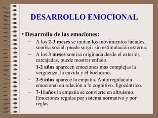 DESARROLLO EMOCIONAL
• Desarrollo de las emociones:
– A los 2-3 meses se imitan los movimientos faciales,
sonrisa social, puede surgir sin estimulación externa.
– A los 3 meses sonrisa originada desde el exterior,
carcajadas, puede mostrar enfado.
– 1-2 años aparecen emociones más complejas la
vergüenza, la envida y el bochorno.
– 2-5 años aparece la empatía. Autorregulación
emocional en relación a lo cognitivo. Egocéntrico.
– 7-11años la empatía se convierte en altruismo.
Emociones regidas por sistema normativo y por
reglas.
 