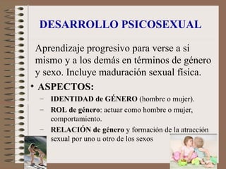 DESARROLLO PSICOSEXUAL
Aprendizaje progresivo para verse a si
mismo y a los demás en términos de género
y sexo. Incluye maduración sexual física.
• ASPECTOS:
– IDENTIDAD de GÉNERO (hombre o mujer).
– ROL de género: actuar como hombre o mujer,
comportamiento.
– RELACIÓN de género y formación de la atracción
sexual por uno u otro de los sexos
 