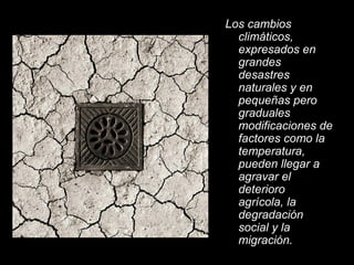 Los cambios
climáticos,
expresados en
grandes
desastres
naturales y en
pequeñas pero
graduales
modificaciones de
factores como la
temperatura,
pueden llegar a
agravar el
deterioro
agrícola, la
degradación
social y la
migración.
 