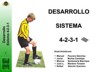 Desarrollo  Sistema 4-2-3-1 DESARROLLO SISTEMA 4-2-3-1 1 <ul><li>Grupo formado por: </li></ul><ul><li>Manuel  Paunero Sánc...