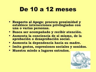De 10 a 12 meses
• Respecto al Apego: procura proximidad y
              Apego
  establece interacciones privilegiadas con
  una o varias personas.
• Busca ser acompañado y recibir atención.
• Aumenta la conciencia de si mismo, de la
  aprobación o desaprobación social.
• Aumenta la dependencia hacia su madre.
• Imita gestos, expresiones sociales y sonidos.
• Muestra miedo a lugares extraños.
 