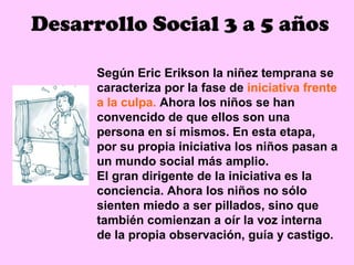 Desarrollo Social 3 a 5 años

      Según Eric Erikson la niñez temprana se
      caracteriza por la fase de iniciativa frente
      a la culpa. Ahora los niños se han
      convencido de que ellos son una
      persona en sí mismos. En esta etapa,
      por su propia iniciativa los niños pasan a
      un mundo social más amplio.
      El gran dirigente de la iniciativa es la
      conciencia. Ahora los niños no sólo
      sienten miedo a ser pillados, sino que
      también comienzan a oír la voz interna
      de la propia observación, guía y castigo.
 
