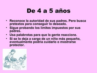 De 4 a 5 años
• Reconoce la autoridad de sus padres. Pero busca
  pretextos para conseguir lo deseado.
• Sigue probando los límites impuestos por sus
  padres.
• Usa palabrotas para que la gente reaccione.
• Si se lo deja a cargo de un niño más pequeño,
  eventualmente podría cuidarlo o mostrarse
  protector.
 
