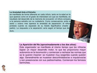 La Ansiedad Ante el Extraño:  se manifiesta de forma diferente en cada niño/a, tanto en la edad en la que aparece como en el grado de intensidad con que se manifiesta, es resultado del desarrollo de la memoria de evocación: el niño/a compara a la persona extraña con su cuidador/a. Como consecuencia, entre el sexto u octavo mes aparece la ansiedad de separación: el niño/a protesta cuando es separado de su Adulto Significativo (madre o padre). La respuesta a la separación varía según el tiempo que ésta dure . La Aparición del No (aproximadamente a los dos años): Este organizador se manifiesta al mismo tiempo que los niños/as logran un mayor desarrollo motor, lo que les proporciona mayor autonomía en la locomoción y comienzan a rechazar las normas que se le quieren imponer: se muestran muy exigentes cuando quieren algo. Generalmente se muestran descontrolados/as e impulsivos/as y son posesivos/as con sus padres/madres. Comienzan los famosos berrinches. 