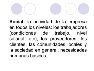 Social: la actividad de la empresa
en todos los niveles: los trabajadores
(condiciones de trabajo, nivel
salarial, etc), los proveedores, los
clientes, las comunidades locales y
la sociedad en general, necesidades
humanas básicas.

 