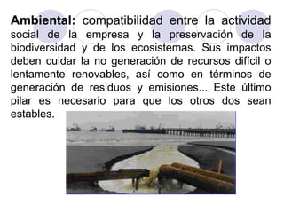 Ambiental: compatibilidad entre la actividad
social de la empresa y la preservación de la
biodiversidad y de los ecosistemas. Sus impactos
deben cuidar la no generación de recursos difícil o
lentamente renovables, así como en términos de
generación de residuos y emisiones... Este último
pilar es necesario para que los otros dos sean
estables.

 