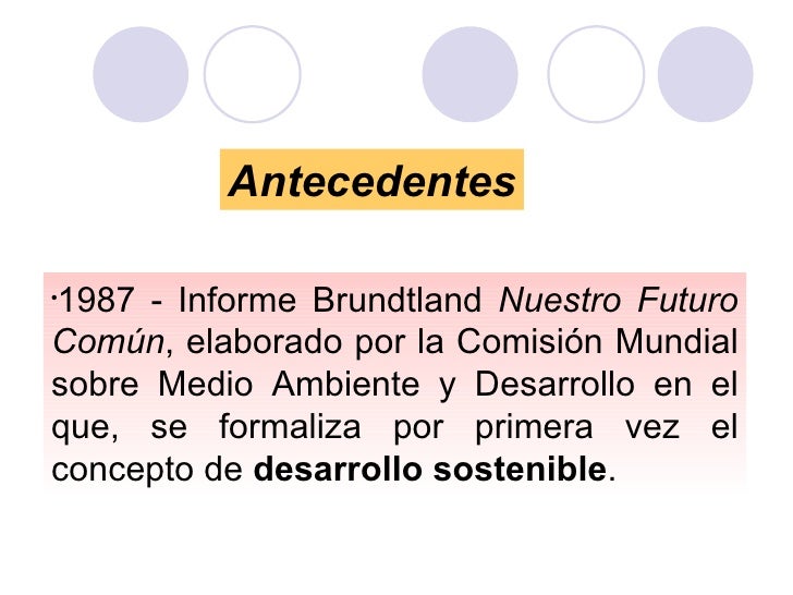 Antecedentes

1987 - Informe Brundtland Nuestro Futuro
•


Común, elaborado por la Comisión Mundial
sobre Medio Ambiente y...