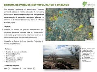 Generar un sistema de parques metropolitanos que
contengan elementos naturales para su conservación,
restauración y aprovechamiento; integrando las áreas de
esparcimiento bajo el concepto de sustentabilidad.
Integrarlos al Sistema de Áreas Naturales Protegidas de
Guanajuato (SANPEG).
Son espacios destinados al esparcimiento colectivo,
permiten la práctica de múltiples actividades de recreación y
esparcimiento, están conformados por un paisaje natural
con protección de elementos naturales y urbanos, su
extensión es de más de 10 hectáreas y el área de influencia
es toda la ciudad.
1. Parque Jacinto López
2. Parque Las Joyas
3. Parque La Cañada
4. Parque Santa Ana del
Conde Norte
5. Parque Metropolitano
de León Norte
6. Parque Metropolitano
Oriente
Gestión de reservas territoriales
Proyectos Ejecutivos
Construcción
Equipamiento y mobiliario
Integración al SANPEG
Mantenimiento
Objetivo:
Acciones:
Estado actual «Albarradones»
Estado del Proyecto:
Nuevo Continuidad Proy. Ejecutivo
SISTEMA DE PARQUES METROPOLITANOS Y URBANOS
 
