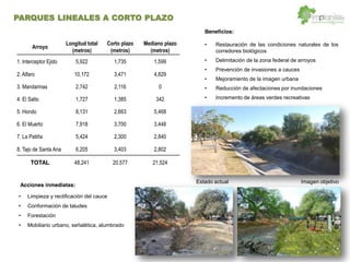 Restauración de las condiciones naturales de los
corredores biológicos
Delimitación de la zona federal de arroyos
Prevención de invasiones a cauces
Mejoramiento de la imagen urbana
Reducción de afectaciones por inundaciones
Incremento de áreas verdes recreativas
Beneficios:
Acciones inmediatas:
Limpieza y rectificación del cauce
Conformación de taludes
Forestación
Mobiliario urbano, señalética, alumbrado
Estado actual
Arroyo
Longitud total
(metros)
Corto plazo
(metros)
Mediano plazo
(metros)
1.  Interceptor  Ejido 5,922   1,735   1,599  
2.  Alfaro 10,172   3,471   4,829  
3.  Mandarinas 2,742   2,116   0  
4.  El  Salto 1,727   1,385   342  
5.  Hondo   8,131   2,663   5,468  
6.  El  Muerto 7,918   3,700   3,448  
7.  La  Patiña     5,424   2,300   2,840  
8.  Tajo  de  Santa  Ana 6,205   3,403   2,802  
TOTAL 48,241   20,577   21,524  
PARQUES LINEALES A CORTO PLAZO
Imagen objetivo
 