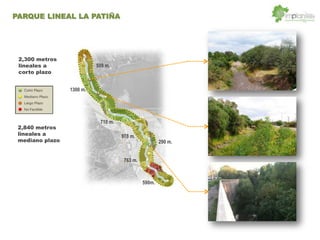 2,300 metros
lineales a
corto plazo
1300 m.
710 m.
290 m.
509 m.
978 m.
763 m.
590m.
2,840 metros
lineales a
mediano plazo
PARQUE LINEAL LA PATIÑA
 