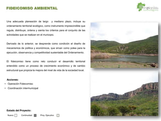 Acciones:
Una adecuada planeación de largo y mediano plazo, incluye su
ordenamiento territorial ecológico, como instrumento imprescindible que
regula, distribuye, ordena y sienta los criterios para el conjunto de las
actividades que se realizan en el municipio.
Derivado de lo anterior, se desprende como condición el diseño de
mecanismos de política y económicos, que sirvan como polea para la
ejecución, observancia y competitividad sustentable del Ordenamiento.
El fideicomiso tiene como reto conducir el desarrollo territorial
entendido como un proceso de crecimiento económico y de cambio
estructural que propicia la mejora del nivel de vida de la sociedad local.
Operación Fideicomiso
Coordinación intermunicipal
Estado del Proyecto:
Nuevo Continuidad Proy. Ejecutivo
FIDEICOMISO AMBIENTAL
 