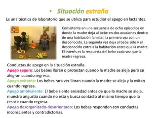 • Situación extraña
Es una técnica de laboratorio que se utiliza para estudiar el apego en lactantes.
Consistente en una secuencia de ocho episodios en
donde la madre deja al bebe en dos ocasiones dentro
de una habitación familiar, la primera vez con un
desconocido. La segunda vez deja al bebe solo y el
desconocido entra a la habitación antes que la madre.
El interés es la respuesta del bebe cada vez que la
madre regresa.
Conductas de apego en la situación extraña.
Apego seguro: Los bebes lloran o protestan cuando la madre se aleja pero se
alegran cuando regresa.
Apego evitante: Los bebes rara vez lloran cuando la madre se aleja y la evitan
cuando regresa.
Apego ambivalente: El bebe siente ansiedad antes de que la madre se aleja,
muestra angustia cuando no esta y busca contacto al mismo tiempo que lo
resiste cuando regresa.
Apego desorganizado-desorientado: Los bebes responden con conductas
inconscientes y contradictorias.
 