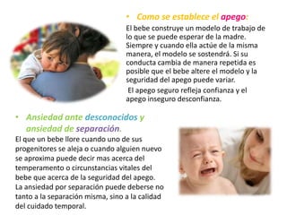 • Como se establece el apego:
El bebe construye un modelo de trabajo de
lo que se puede esperar de la madre.
Siempre y cuando ella actúe de la misma
manera, el modelo se sostendrá. Si su
conducta cambia de manera repetida es
posible que el bebe altere el modelo y la
seguridad del apego puede variar.
El apego seguro refleja confianza y el
apego inseguro desconfianza.
• Ansiedad ante desconocidos y
ansiedad de separación.
El que un bebe llore cuando uno de sus
progenitores se aleja o cuando alguien nuevo
se aproxima puede decir mas acerca del
temperamento o circunstancias vitales del
bebe que acerca de la seguridad del apego.
La ansiedad por separación puede deberse no
tanto a la separación misma, sino a la calidad
del cuidado temporal.
 