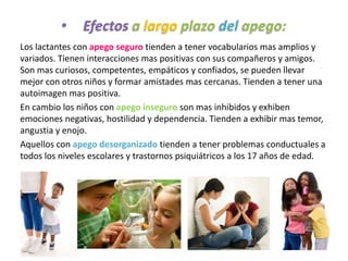 • Efectos a largo plazo del apego:
Los lactantes con apego seguro tienden a tener vocabularios mas amplios y
variados. Tienen interacciones mas positivas con sus compañeros y amigos.
Son mas curiosos, competentes, empáticos y confiados, se pueden llevar
mejor con otros niños y formar amistades mas cercanas. Tienden a tener una
autoimagen mas positiva.
En cambio los niños con apego inseguro son mas inhibidos y exhiben
emociones negativas, hostilidad y dependencia. Tienden a exhibir mas temor,
angustia y enojo.
Aquellos con apego desorganizado tienden a tener problemas conductuales a
todos los niveles escolares y trastornos psiquiátricos a los 17 años de edad.
 