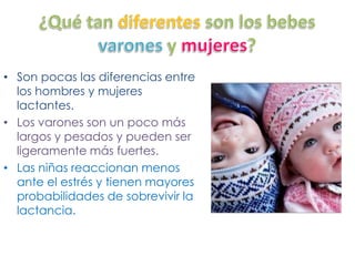 • Son pocas las diferencias entre
los hombres y mujeres
lactantes.
• Los varones son un poco más
largos y pesados y pueden ser
ligeramente más fuertes.
• Las niñas reaccionan menos
ante el estrés y tienen mayores
probabilidades de sobrevivir la
lactancia.
 