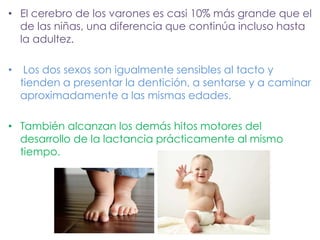 • El cerebro de los varones es casi 10% más grande que el
de las niñas, una diferencia que continúa incluso hasta
la adultez.
• Los dos sexos son igualmente sensibles al tacto y
tienden a presentar la dentición, a sentarse y a caminar
aproximadamente a las mismas edades.
• También alcanzan los demás hitos motores del
desarrollo de la lactancia prácticamente al mismo
tiempo.
 