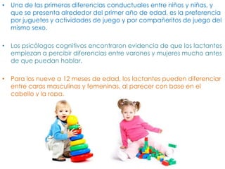 • Una de las primeras diferencias conductuales entre niños y niñas, y
que se presenta alrededor del primer año de edad, es la preferencia
por juguetes y actividades de juego y por compañeritos de juego del
mismo sexo.
• Los psicólogos cognitivos encontraron evidencia de que los lactantes
empiezan a percibir diferencias entre varones y mujeres mucho antes
de que puedan hablar.
• Para los nueve a 12 meses de edad, los lactantes pueden diferenciar
entre caras masculinas y femeninas, al parecer con base en el
cabello y la ropa.
 