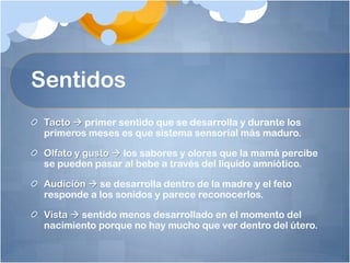 Sentidos
 Tacto  primer sentido que se desarrolla y durante los
 primeros meses es que sistema sensorial más maduro.

 Olfato y gusto  los sabores y olores que la mamá percibe
 se pueden pasar al bebe a través del liquido amniótico.

 Audición  se desarrolla dentro de la madre y el feto
 responde a los sonidos y parece reconocerlos.

 Vista  sentido menos desarrollado en el momento del
 nacimiento porque no hay mucho que ver dentro del útero.
 