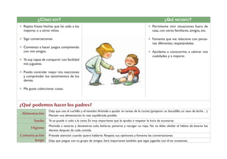 ¿CÓMO SOY?                                                                                      ¿QUÉ NECESITO?
✶ Repito frases hechas que he oído a los                                                        ✶ Permíteme vivir situaciones fuera de
  mayores o a otros niños.                                                                        casa, con otros familiares, amigos, etc.

✶ Sigo conversaciones.                                                                          ✶ Fomenta que me relacione con perso-
                                                                                                  nas diferentes, respetándolas.
✶ Comienzo a hacer juegos compitiendo
  con mis amigos.                                                                               ✶ Ayúdame a conocerme, a valorar mis
                                                                                                  cualidades y a mejorar.
✶ Ya soy capaz de compartir con facilidad
  mis juguetes.

✶ Puedo controlar mejor mis reacciones
  y comprender los sentimientos de los
  demás.

✶ Me gusta coleccionar cosas.



¿Qué podemos hacer los padres?
                    Deja que use el cuchillo y el tenedor. Anímale a ayudar en tareas de la cocina (preparar un bocadillo, un vaso de leche…).
 Alimentación
                    Mantén una alimentación lo más equilibrada posible.
         Sueño      Ya se puede ir solo a la cama. Es muy importante que le ayudes a respetar la hora de acostarse.
                    Motívale a vestirse y desvestirse solo, bañarse, peinarse y recoger su ropa. No se debe olvidar el hábito de lavarse los
        Higiene
                    dientes después de cada comida.
Comunicación        Préstale atención cuando quiera hablarte. Respeta sus opiniones y fomenta las conversaciones.
       Juego        Deja que juegue con su grupo de amigos. Será importante también que sigas jugando con él en ocasiones.
 