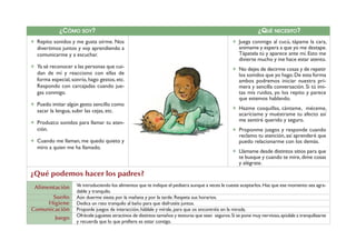¿CÓMO SOY?                                                                                         ¿QUÉ NECESITO?
✶ Repito sonidos y me gusta oírme. Nos                                                             ✶ Juega conmigo al cucú, tápame la cara,
  divertimos juntos y voy aprendiendo a                                                              anímame y espera a que yo me destape.
  comunicarme y a escuchar.                                                                          Tápatela tú y aparece ante mí. Esto me
                                                                                                     divierte mucho y me hace estar atento.
✶ Ya sé reconocer a las personas que cui-                                                          ✶ No dejes de decirme cosas y de repetir
  dan de mí y reacciono con ellas de                                                                 los sonidos que yo hago. De esta forma
  forma especial, sonrío, hago gestos, etc.                                                          ambos podremos iniciar nuestra pri-
  Respondo con carcajadas cuando jue-                                                                mera y sencilla conversación. Si tú imi-
  gas conmigo.                                                                                       tas mis ruidos, yo los repito y parece
                                                                                                     que estemos hablando.
✶ Puedo imitar algún gesto sencillo como
  sacar la lengua, subir las cejas, etc.                                                           ✶ Hazme cosquillas, cántame, méceme,
                                                                                                     acaríciame y muéstrame tu afecto así
✶ Produzco sonidos para llamar tu aten-                                                              me sentiré querido y seguro.
  ción.                                                                                            ✶ Proponme juegos y responde cuando
                                                                                                     reclamo tu atención, así aprenderé que
✶ Cuando me llaman, me quedo quieto y                                                                puedo relacionarme con los demás.
  miro a quien me ha llamado.
                                                                                                   ✶ Llámame desde distintos sitios para que
                                                                                                     te busque y cuando te mire, dime cosas
                                                                                                     y alégrate.

¿Qué podemos hacer los padres?
 Alimentación       Ve introduciendo los alimentos que te indique el pediatra aunque a veces le cueste aceptarlos. Haz que ese momento sea agra-
                    dable y tranquilo.
      Sueño         Aún duerme siesta por la mañana y por la tarde. Respeta sus horarios.
     Higiene        Dedica un rato tranquilo al baño para que disfrutéis juntos.
Comunicación        Proponle juegos de interacción, háblale y mírale, para que os encontréis en la mirada.
           Juego    Ofrécele juguetes atractivos de distintos tamaños y texturas que sean seguros. Si se pone muy nervioso, ayúdale a tranquilizarse
                    y recuerda que lo que prefiere es estar contigo.
 