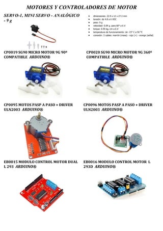 MOTORES Y CONTROLADORES DE MOTOR
SERVO-1, MINI SERVO - ANALÓGICO
- 9 g
 dimensiones: 22.9 x 12 x 27.3 mm
 tensión: de 4.8 a 6 VDC
 peso: 9 g
 velocidad: 0.09 g. para 60° a 6 V
 torque: 0.95 kg.-cm a 6 V
 temperatura de funcionamiento: de -15° C a 50 °C
 conexión: 3 cables: marrón (masa) - rojo (+) - orange (señal)
CP0019 SG90 MICRO MOTOR 9G 90º
COMPATIBLE ARDUINO®
CP0020 SG90 MICRO MOTOR 9G 360º
COMPATIBLE ARDUINO®
CP0095 MOTOS PASP A PASO + DRIVER
ULN2003 ARDUINO®
CP0096 MOTOS PASP A PASO + DRIVER
ULN2003 ARDUINO®
EB0015 MODULO CONTROL MOTOR DUAL
L 293 ARDUINO®
EB0016 MODULO CONTROL MOTOR L
293D ARDUINO®
 