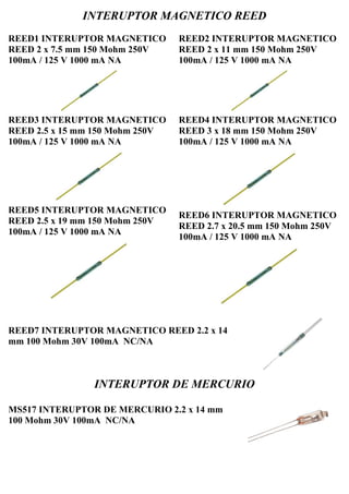 INTERUPTOR MAGNETICO REED
REED1 INTERUPTOR MAGNETICO
REED 2 x 7.5 mm 150 Mohm 250V
100mA / 125 V 1000 mA NA
REED3 INTERUPTOR MAGNETICO
REED 2.5 x 15 mm 150 Mohm 250V
100mA / 125 V 1000 mA NA
REED5 INTERUPTOR MAGNETICO
REED 2.5 x 19 mm 150 Mohm 250V
100mA / 125 V 1000 mA NA
REED2 INTERUPTOR MAGNETICO
REED 2 x 11 mm 150 Mohm 250V
100mA / 125 V 1000 mA NA
REED4 INTERUPTOR MAGNETICO
REED 3 x 18 mm 150 Mohm 250V
100mA / 125 V 1000 mA NA
REED6 INTERUPTOR MAGNETICO
REED 2.7 x 20.5 mm 150 Mohm 250V
100mA / 125 V 1000 mA NA
REED7 INTERUPTOR MAGNETICO REED 2.2 x 14
mm 100 Mohm 30V 100mA NC/NA
INTERUPTOR DE MERCURIO
MS517 INTERUPTOR DE MERCURIO 2.2 x 14 mm
100 Mohm 30V 100mA NC/NA
 