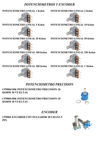 POTENCIOMETROS Y ENCODER
POTENCIOMETRO LINEAL 1 Kohm
POTENCIOMETRO LINEAL 5 Kohm
POTENCIOMETRO LINEAL 20 Kohm
POTENCIOMETRO LINEAL 100 Kohm
POTENCIOMETRO LINEAL 500 Kohm
POTENCIOMETRO LINEAL 2 Kohm
POTENCIOMETRO LINEAL 10 Kohm
POTENCIOMETRO LINEAL 50 Kohm
POTENCIOMETRO LINEAL 250 Kohm
POTENCIOMETRO LINEAL 1 Mohm
POTENCIOMETRO PRECISION
CP9004/10K POTENCIOMETRO PRECISION 10
KOHM 10 VUELTAS
CP9004/50K POTENCIOMETRO PRECISION 10
KOHM 10 VUELTAS
ENCODER
CP9003 ENCODER CON PULSADOR 20 CRANS 5
PIN
 