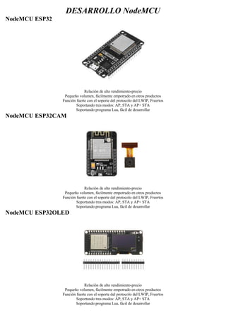 DESARROLLO NodeMCU
NodeMCU ESP32
Relación de alto rendimiento-precio
Pequeño volumen, fácilmente empotrado en otros productos
Función fuerte con el soporte del protocolo del LWIP, Freertos
Soportando tres modos: AP, STA y AP+ STA
Soportando programa Lua, fácil de desarrollar
NodeMCU ESP32CAM
Relación de alto rendimiento-precio
Pequeño volumen, fácilmente empotrado en otros productos
Función fuerte con el soporte del protocolo del LWIP, Freertos
Soportando tres modos: AP, STA y AP+ STA
Soportando programa Lua, fácil de desarrollar
NodeMCU ESP32OLED
Relación de alto rendimiento-precio
Pequeño volumen, fácilmente empotrado en otros productos
Función fuerte con el soporte del protocolo del LWIP, Freertos
Soportando tres modos: AP, STA y AP+ STA
Soportando programa Lua, fácil de desarrollar
 