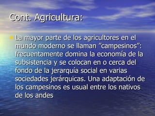 Cont. Agricultura: La mayor parte de los agricultores en el mundo moderno se llaman ”campesinos”: frecuentamente domina la economía de la subsistencia y se colocan en o cerca del fondo de la jerarquía social en varias sociedades jerárquicas. Una adaptación de los campesinos es usual entre los nativos de los andes 
