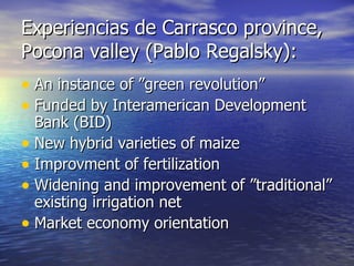 Experiencias de Carrasco province, Pocona valley (Pablo Regalsky): An instance of ”green revolution” Funded by Interamerican Development Bank (BID) New hybrid varieties of maize Improvment of fertilization Widening and improvement of ”traditional” existing irrigation net Market economy orientation 