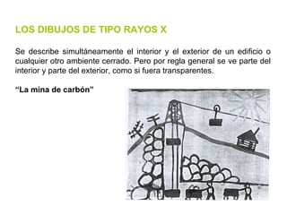 LOS DIBUJOS DE TIPO RAYOS X Se describe simultáneamente el interior y el exterior de un edificio o cualquier otro ambiente cerrado. Pero por regla general se ve parte del interior y parte del exterior, como si fuera transparentes. “ La mina de carbón” 