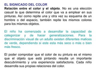 EL SIGNICADO DEL COLOR Relación entre el color y el objeto . No es una elección casual la que determina el color que va a emplear en sus pinturas. Así como repite una y otra vez su esquema de un hombre o del espacio, también repite los mismos colores para los mismos objetos. El niño ha comenzado a desarrollar la capacidad de categorizar y de hacer generalizaciones. Para la discriminación visual de un adulto existen diferentes matices de verde, dependiendo si este esta más seco o más o bien más fresco.  El poder comprobar que el color de su pintura es el mismo que el objeto que está pintando resulta un importante descubrimiento y una experiencia satisfactoria. Cada niño desarrolla sus propias relaciones del color.  