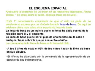 EL ESQUEMA ESPACIAL . Descubre la existencia de un orden en las relaciones espaciales. Ahora piensa: “ Yo estoy sobre el suelo, el pasto crece en el suelo”. Este 1º conocimiento consciente de que el niño es parte de su ambiente se expresa por un símbolo llamado  línea de base .  De aquí en adelante ubica todo sobre esta importante línea de base. La línea de base es un indicio que el niño se ha dado cuenta de la relación entre él y el ambiente.  La línea de base puede ser el piso de una habitación, la calle o cualquier base sobre la que se encuentre el niño. . La contraparte de la línea de base es la línea del cielo.  A los 8 años de edad el 96% de los niños hacían la línea de base en sus dibujos. El niño no ha alcanzado aún la conciencia de la representación de un espacio de tipo tridimensional. 