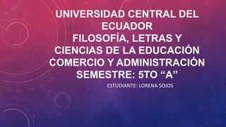 UNIVERSIDAD CENTRAL DEL
ECUADOR
FILOSOFÍA, LETRAS Y
CIENCIAS DE LA EDUCACIÓN
COMERCIO Y ADMINISTRACIÓN
SEMESTRE: 5TO “A”
ESTUDIANTE: LORENA SOJOS

 