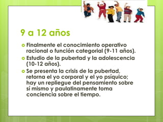 9 a 12 años
 Finalmente el conocimiento operativo
racional o función categorial (9-11 años).
 Estudio de la pubertad y la adolescencia
(10-12 años).
 Se presenta la crisis de la pubertad,
retorna el yo corporal y el yo psíquico;
hay un repliegue del pensamiento sobre
sí mismo y paulatinamente toma
conciencia sobre el tiempo.
 