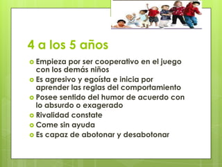 4 a los 5 años
 Empieza por ser cooperativo en el juego
con los demás niños
 Es agresivo y egoísta e inicia por
aprender las reglas del comportamiento
 Posee sentido del humor de acuerdo con
lo absurdo o exagerado
 Rivalidad constate
 Come sin ayuda
 Es capaz de abotonar y desabotonar
 