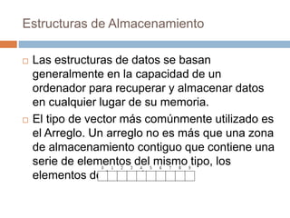 Estructuras de Almacenamiento
 Las estructuras de datos se basan
generalmente en la capacidad de un
ordenador para recuperar y almacenar datos
en cualquier lugar de su memoria.
 El tipo de vector más comúnmente utilizado es
el Arreglo. Un arreglo no es más que una zona
de almacenamiento contiguo que contiene una
serie de elementos del mismo tipo, los
elementos de la matriz
 